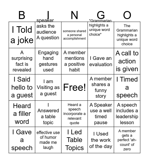 White Bear Toastmasters Bingo Card