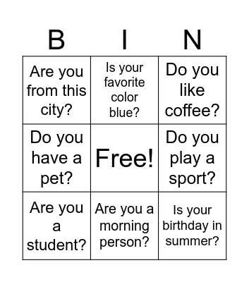 Bingo Questions Bingo Card