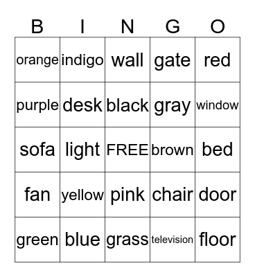 English Bingo Card