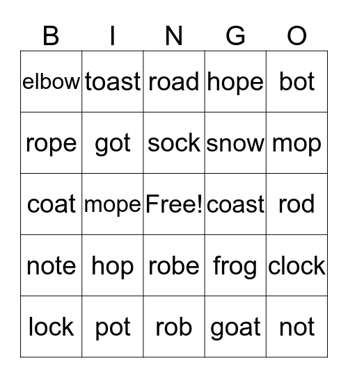 "O" sounds Bingo Card