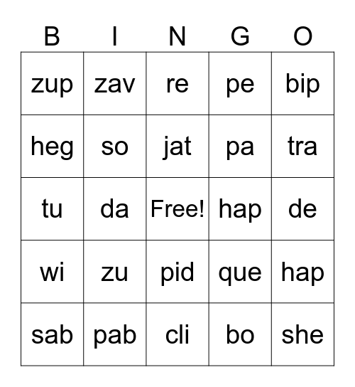 closed and open syllables Bingo Card