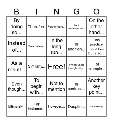 Transitions Bingo Card