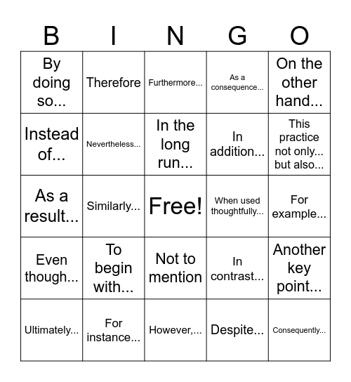 Transitions Bingo Card
