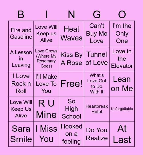 LOVE SONG BINGO Card