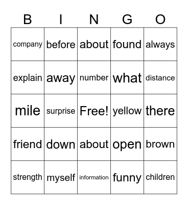 Sight word Bingo Card