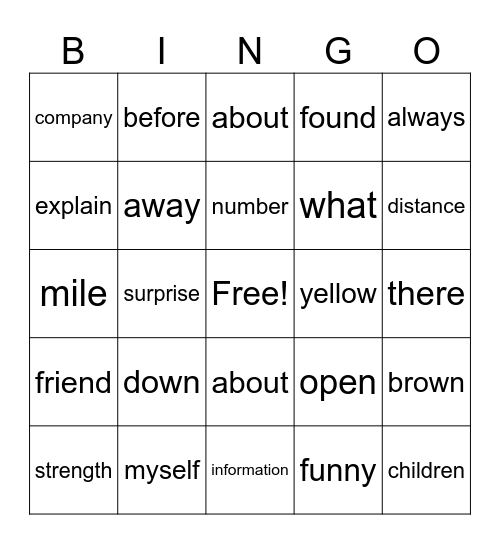 Sight word Bingo Card