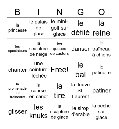 Carnaval de Quebec Bingo Card