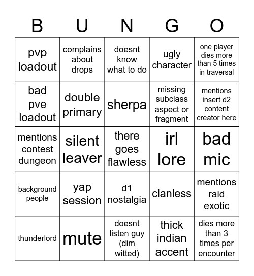 destiny 2 LFG bungo card Bingo Card