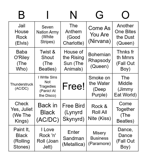 Rock & Roll Music Bingo Card