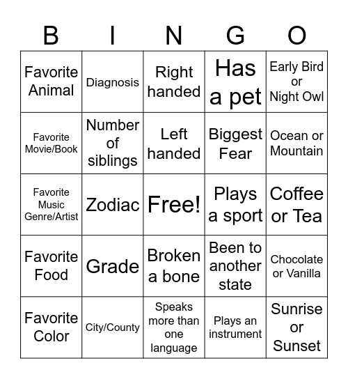 Ice Breaker Bingo Card