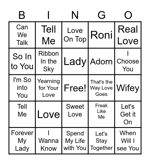 R & B Valentine's Day Bingo / Music Bingo Card