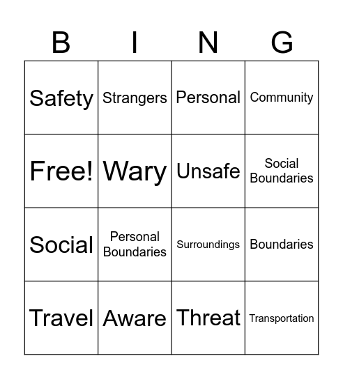 Personal, Community, & Travel Safety Bingo Card