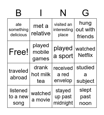 What did you do during winter break? Bingo Card