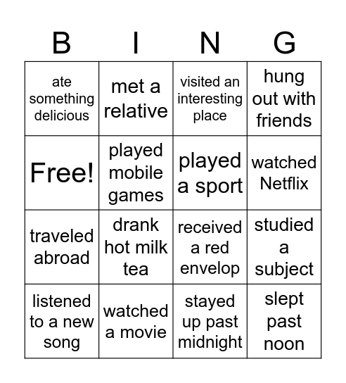 What did you do during winter break? Bingo Card