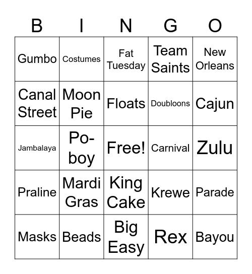 Laissez Les Bons Temp Rouler Bingo Card