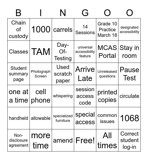 MCAS Test Administrator Training 2025 Bingo Card