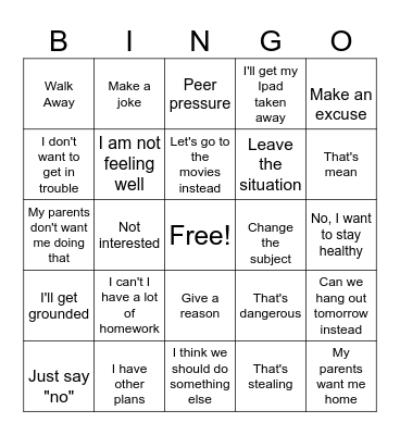 Refusal Skills Bingo Card