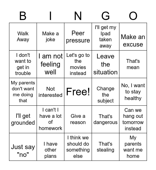 Refusal Skills Bingo Card