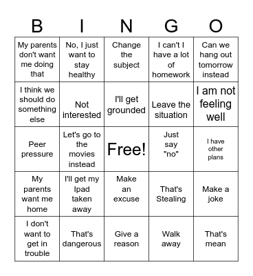 Refusal Skills Bingo Card