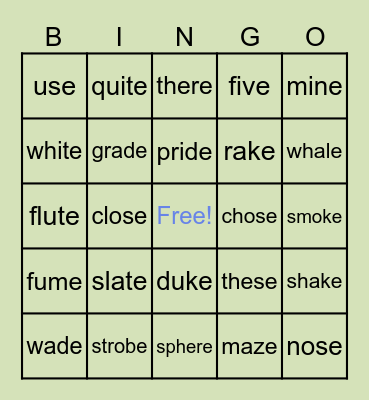 Silent E Bingo Card