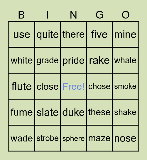 Silent E Bingo Card