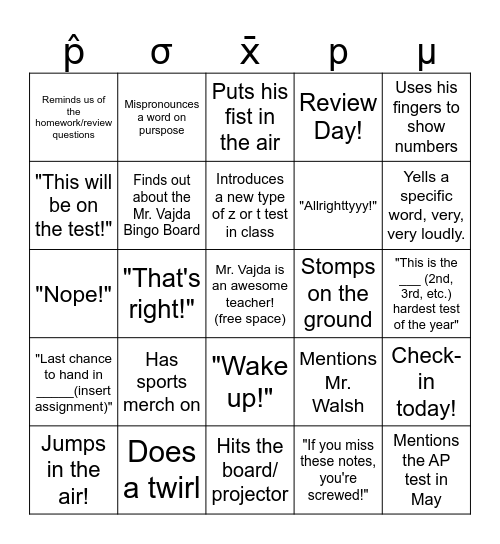 THE Mr. Vajda Bingo Board Bingo Card