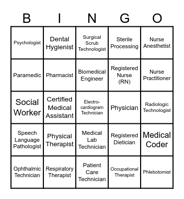 Health Career Bingo Card