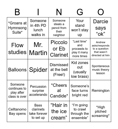 Wind Symphony Bingo Card