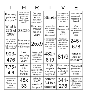 Mixed Up Math Bingo Card