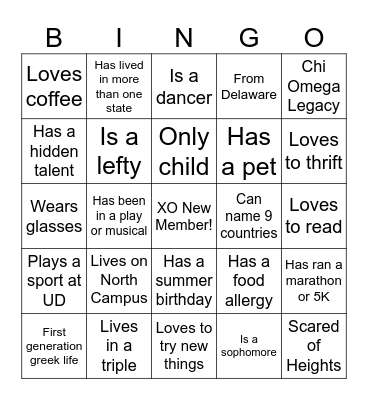 XO NEW MEMBER BINGO!! Bingo Card