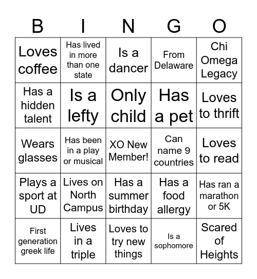 XO NEW MEMBER BINGO!! Bingo Card