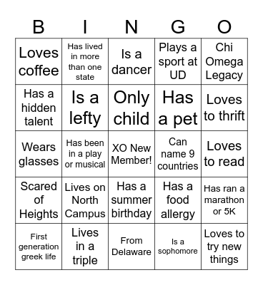 XO New Member Bingo Card