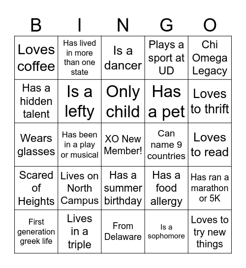 XO New Member Bingo Card