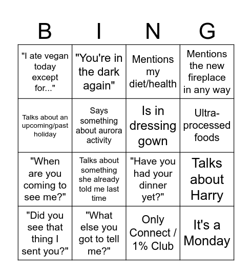 Mum Bingo Card