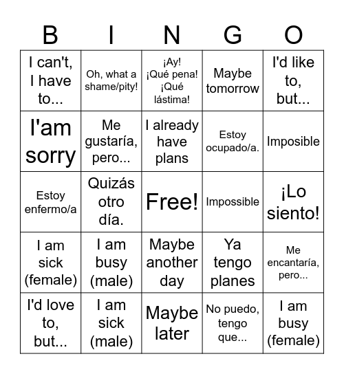 Rechazar invitaciones 2 Bingo Card