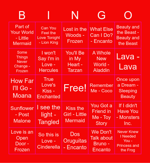 Disney Love Songs Bingo Card