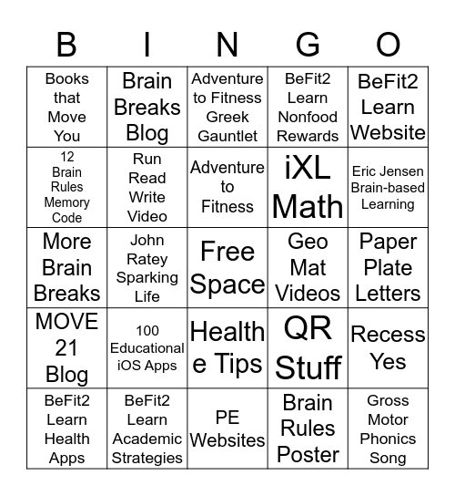 BeFit2Learn Bingo - Health/PE/PA Bingo Card