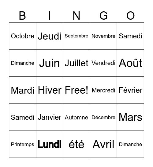 Jours, Mois et Saisons Bingo Card