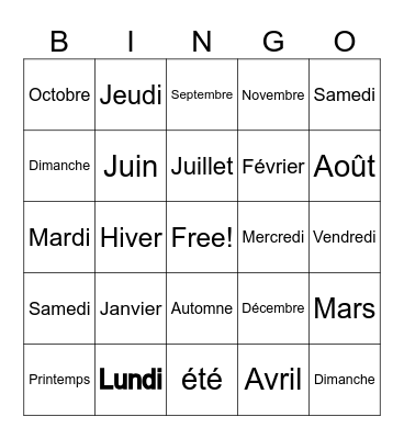 Jours, Mois et Saisons Bingo Card