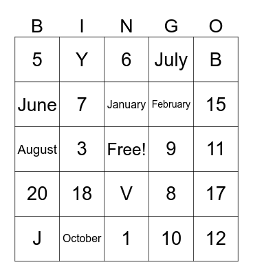Numbers and Months Bingo Card