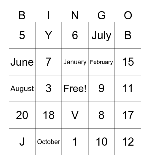 Numbers and Months Bingo Card
