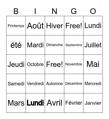 Jours, Mois et Saisons Bingo Card