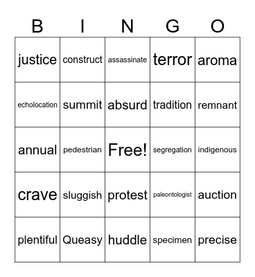 Vocabulary Bingo (September-February) Bingo Card
