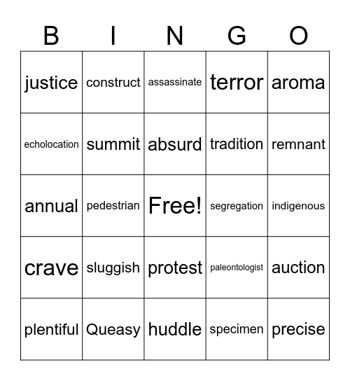 Vocabulary Bingo (September-February) Bingo Card