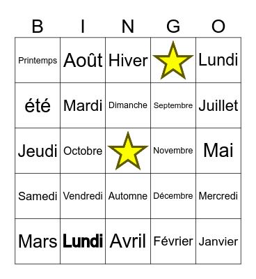 Jours, Mois et Saisons Bingo Card