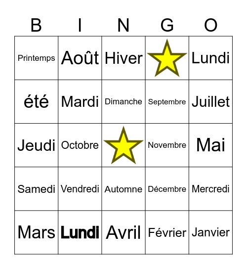 Jours, Mois et Saisons Bingo Card