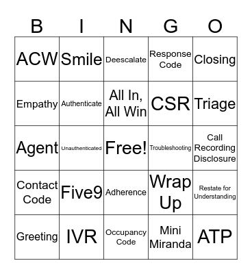 Call Center Bingo Card