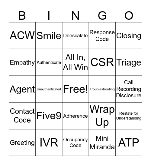 Call Center Bingo Card