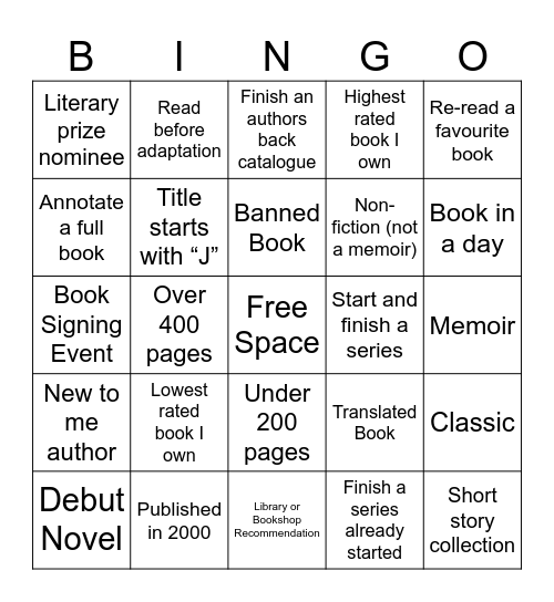 2025 Reading Bingo Card