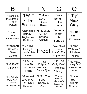 Love Songs Bingo Card
